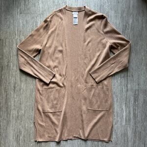 Chico’s Camel Tan Waist Pockets Ribbed Sleeves Open Cardigan Sweater Size Medium